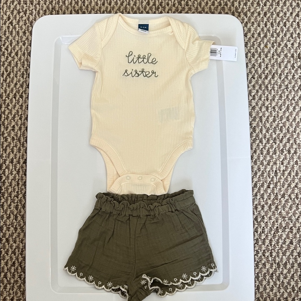 Old Navy Cream Onesie and Olive Shorts Set